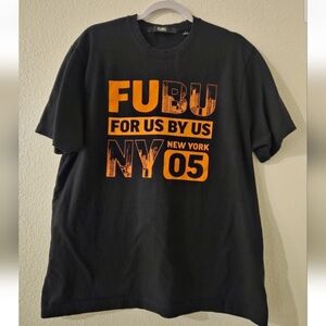 FUBU Men's Black Tee with Orange NY Graphic